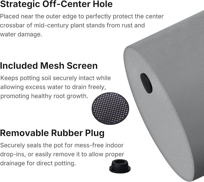 FaithLand 10 Inch Fiberstone Planter - Lightweight Modern Cylinder Plant Pot with Drainage Hole & Plug, Authentic Concrete Look, Gray