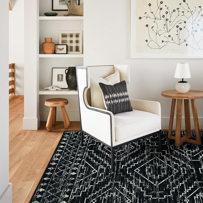Wonnitar Moroccan 9x12 Area Rug for Living Room, Washable Black Rugs for Bedroom, Large Non-Slip Thin Dining Room Rugs for Under Table, Non-Shedding Soft Boho Floor Carpet Decor (Black,9'x12')