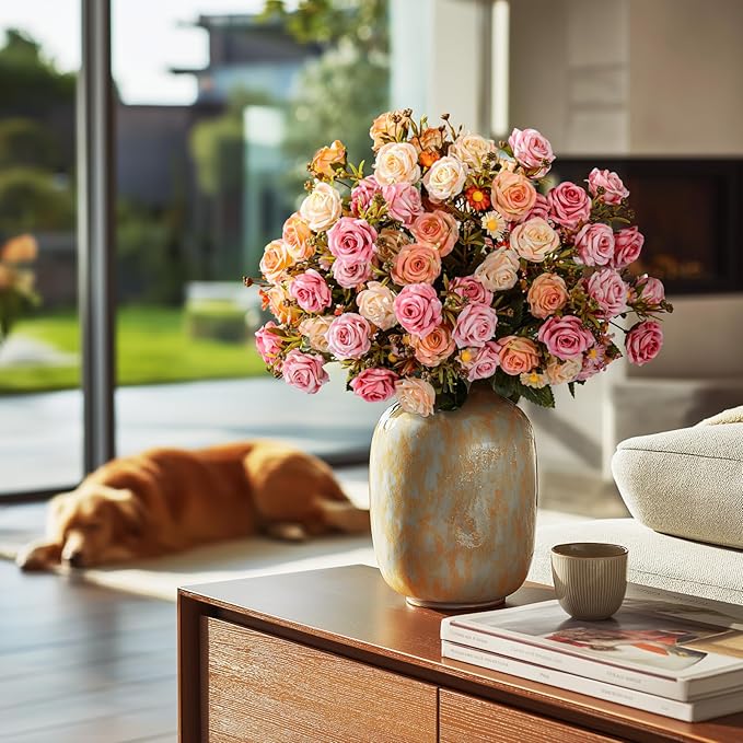 Artificial Rose Flowers for Outdoor 4 Bundles Rose Bouquet with Daisy Faux Flowers UV Resistant for Home Indoor Outside Garden Porch Window Box Balcony Yard Porch Fall Decor (Pink+Orange)