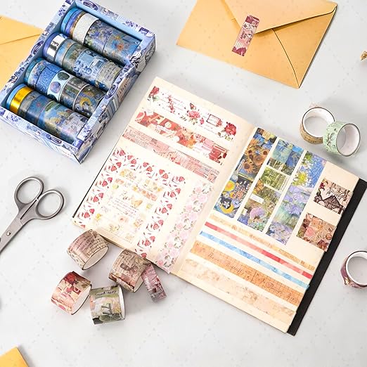 FTTELK 24 Rolls Vintage Washi Tape Set,Glitter Floral Decorative Adhesive Tape for Scrapbooking Supplies,Junk Journal,DIY Crafts,Planners and Gift Wrapping(Art Oil Painting Series)