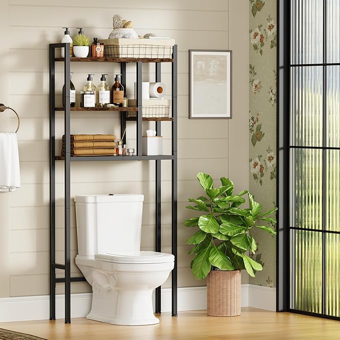 Asgolion Over-The-Toilet Storage Rack, 3-Tier Bathroom Shelves Over Toilet, Above Toilet Storage, Behind Toilet Bathroom Organizer, Space Saver, Freestanding, Rustic Brown