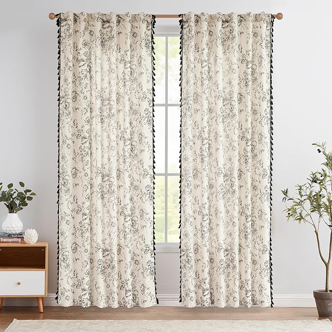 JINCHAN Linen Blend Floral Curtains for Living Room & Bedroom - 84 Inch Long Printed Curtains with Tassels & Rod Pocket - Farmhouse Rustic Peony Flower Patterned Drapes - 2 Panels