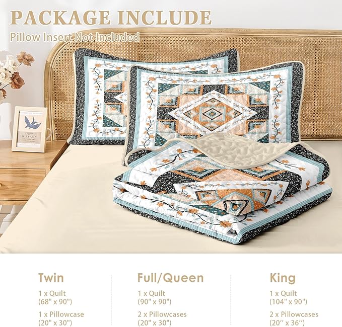 Quilt Set Full/Queen Size, Farmhouse Floral 3 Pcs Soft Bed Cover Bedding Set, Boho Rustic Geometric Lightweight Bedspread Coverlet with 2 Pillow Sham for All Season