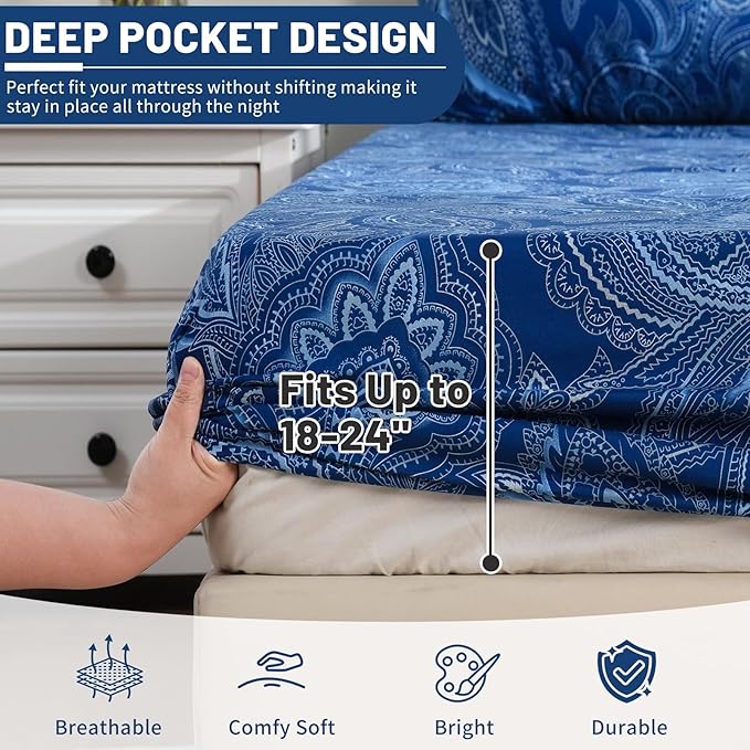 Bedlifes King Size Extra Deep Pocket Sheet Sets - Fits Mattresses Up to 18-24" Thick, 4-Piece Microfiber Set with 1800 Thread Count, Soft, Smooth, Breathable, Featuring Paisley Dark Navy Blue