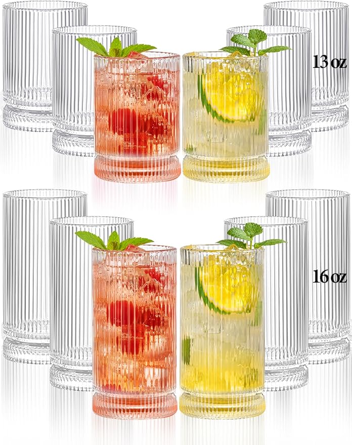 Ribbed Glassware Vintage Drinking Glasses 12Pcs - 6 Ribbed Tall Glasses 16Oz And 6 Ribbed Short Glasses 13Oz, Clear Glassware For Coffee, Cocktails, Smoothies, Juice, Beer, Water