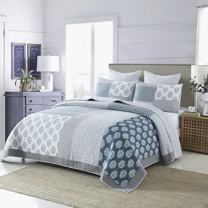 PANGUSHAN Quilt Set Queen Size, 100% Cotton Bedspread Quilt Bedding Set, Patchwork Reversible Floral Quilt for Queen Bed, Blue/Grey/White Bed Spread, Lightweight Comforter for All Season, 3 Pieces