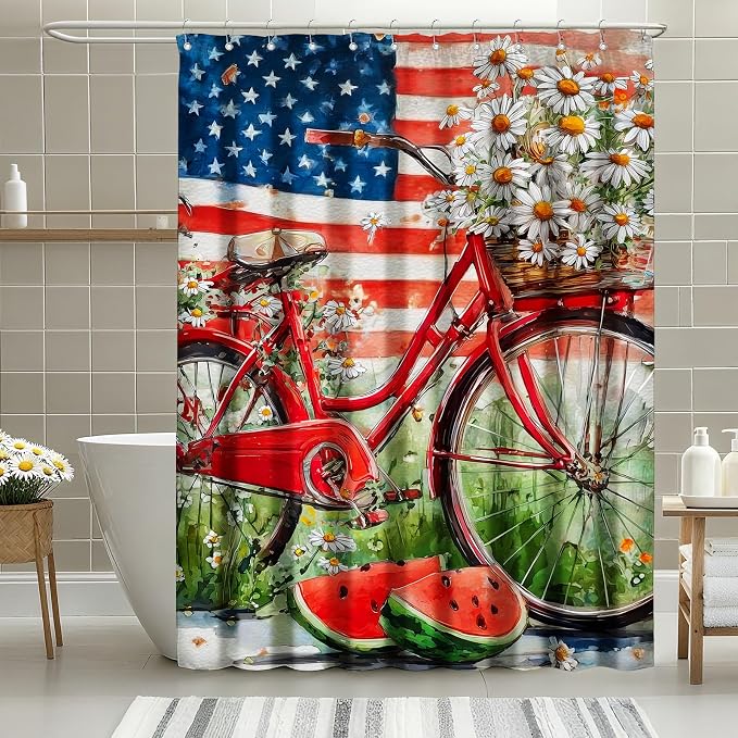 American Flag Shower Curtain Watercolor Bike Flowers Shower Curtains for Bathroom Waterproof Fabric Bath Curtain Decor with Hooks