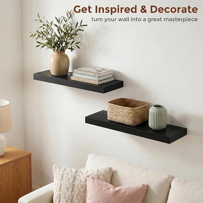 fuqing 20 Inch Floating Shelves | 6.7 Inch Deep Black Shelves for Wall Set of 2 | 20''W x 6.7''D x 1.4''H Black Wood Shelves for Living Room Bathroom Bedroom Kitchen Home Office