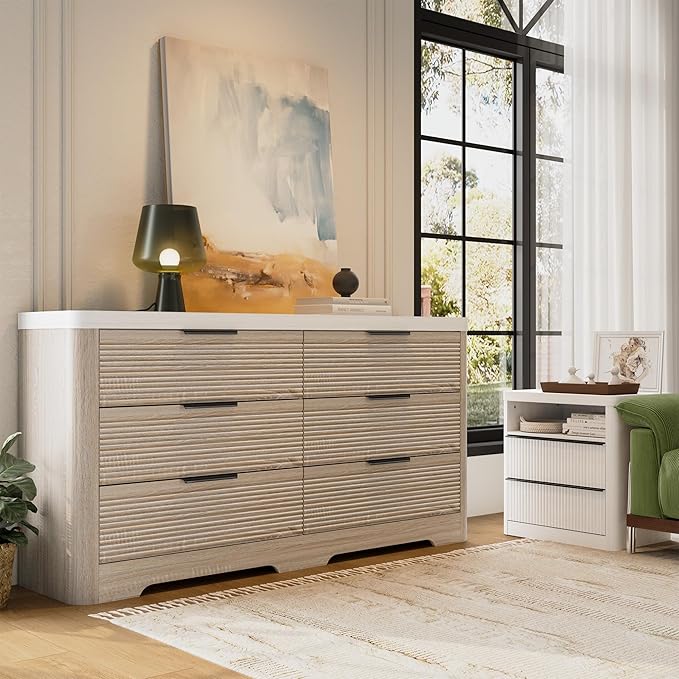 FUSUNBAO Fluted 6 Drawer Dresser, Modern Wood Dresser for Bedroom,TV Stand,Thickened Curved Profile Design,Bedroom,Entryway,Wood Drawer Organizer(Natural Oak)
