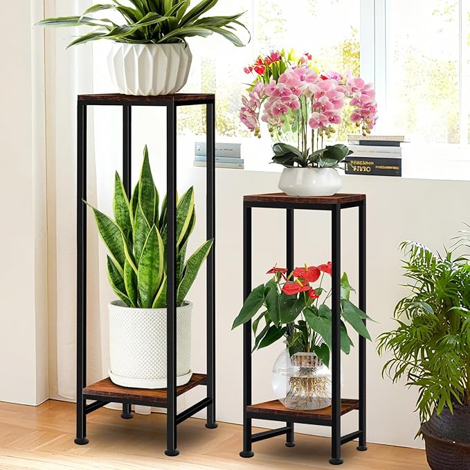 LUBORN 41" Tall Plant Stand Indoor, 2 Tier Plant stands for Indoor Outdoor Plants, Heavy Duty Flower Stand Metal Pedestal Stand Modern Display Rack for Living Room, Brown