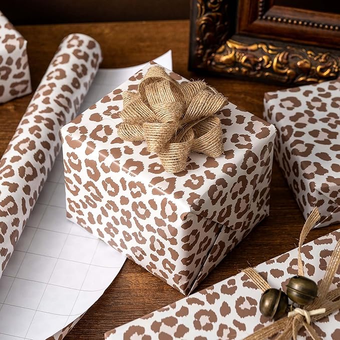Burymento Brown Leopard Print Wrapping Paper, Cut Auxiliary Line Design Gift Wrap for Birthday Gift Wrap for Baby Shower, Valentines, Mothers day, Graduation, Wedding, Fathers day, Christmas (17in x 32.8ft)