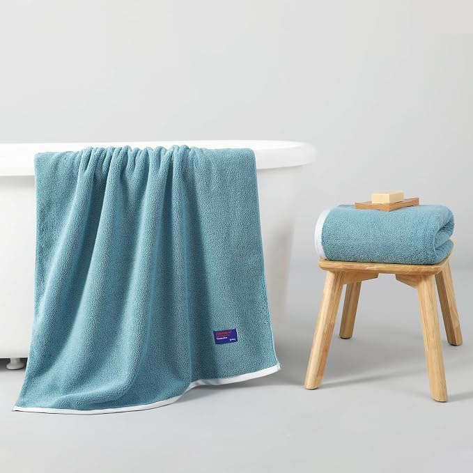 REDKISS 2 Pack Cotton Bath Towels, Soft Absorbent 600 GSM, 27x54 Inch | Quick Dry | Reinforced Stitching | Modern Contrast Border Design | Machine Washable | Bathroom, Gym|Spa & Guest Use | Blue