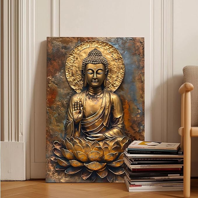 Buddha Wall Art Golden Buddha in Lotus Seat Serene spiritual statue radiant aura Meditation and mindfulness wall art suitable for sacred spaces 20x30in Frameless