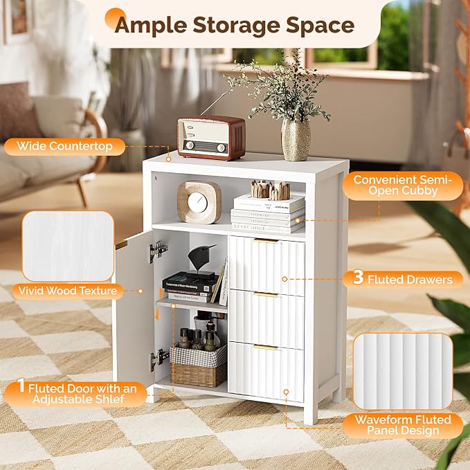 VINGLI Bathroom Floor Storage Cabinet with 3 Drawers, Modern 32" Freestanding Short Storage Organizer with Fluted Door & Adjustable Shelf, 12 Inch Deep White Wooden Console for Small Space