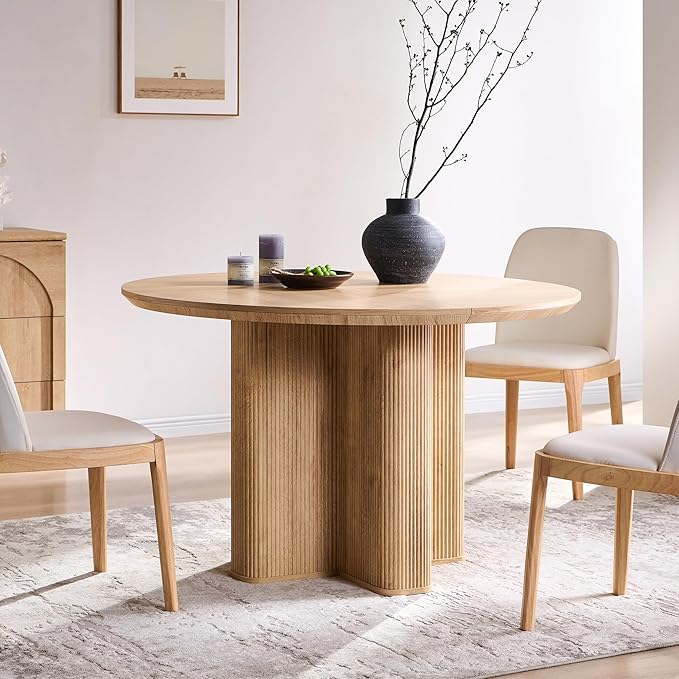 T4TREAM 47" Fluted Round Dining Table for Kitchen Living Room, Natural Oak | Mid Century Modern Kitchen Table,Seats 4-6,Thickened Edge and Sturdy Reeded Pedestal Base