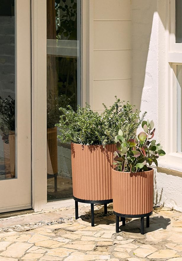 Veradek Demi Series Round Planter w/Stand for Porch/Patio | Durable Plastic-Stone Composite & Wooden Stand | Modern Décor for Tall Plants, Flowers