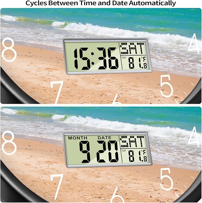 Coastal Beach Wall Clock, 14 Inch Silent Non-Ticking Battery Operated Analog Clock with LCD Date Day Temp Display, Decorative for Living Room, Bedroom, Kitchen, Beach House, Coastal Homes