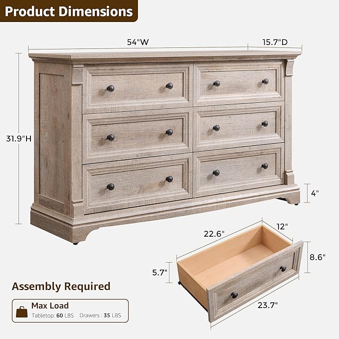 Farmhouse 6 Drawers Dresser for Bedroom, 54" Wide Large Dressers & Chests of Drawers w/Roman Column, Wooden Dresser TV Stand with Large Drawers for Nursery Bedroom Living Room Hallway,Light Rustic Oak