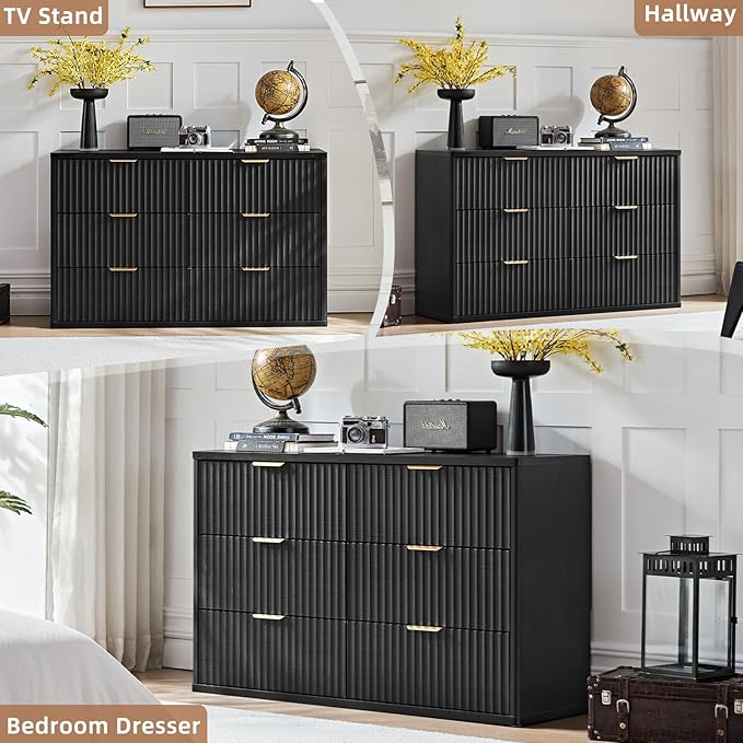 LEYAOYAO Fluted 6 Drawers Dresser for Bedroom, 48" Wide Modern Chest of Drawers with Metal Handle, Black Curved Profile Farmhouse Closet Organizer Wood Dressers TV Stand for Living Room, Hallway