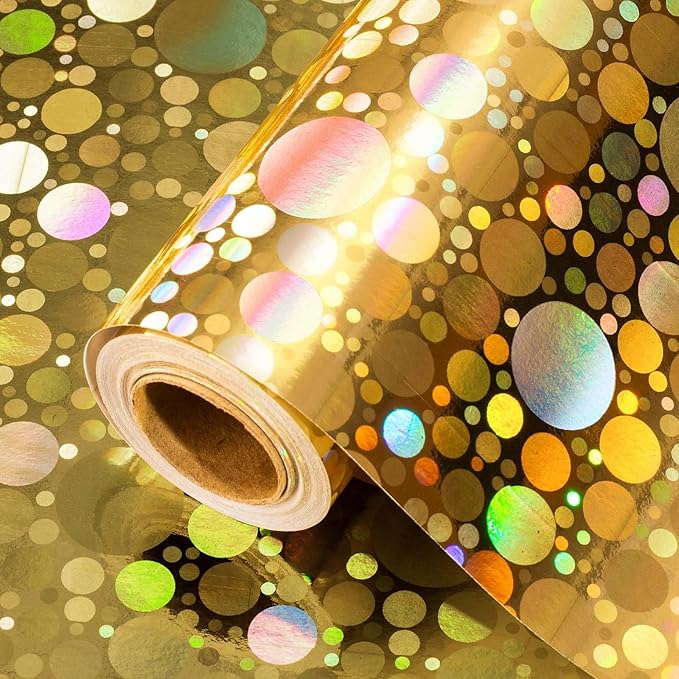 Yarcony Holographic Wrapping Paper Roll, 46.8 sq ft Metallic Gold Dot Wrapping Paper for Girl Presents, Valentine's Day,Christmas,Birthday,Baby Shower, Holiday,Wedding,Engagement (17 Inch X 33 Feet)