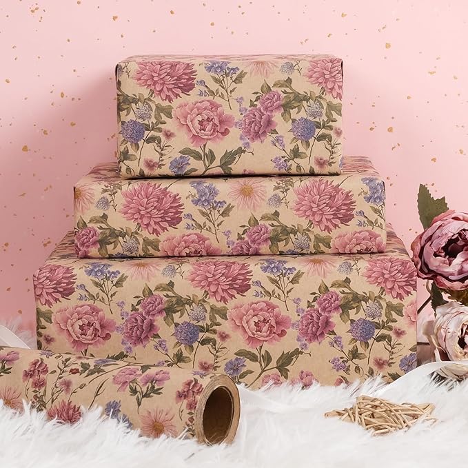 RayofSun Kraft Floral Wrapping Paper Roll 17 in x 32 ft Mini Roll Vintage Wildflower Pink Flower Gift Wrap Paper for All Occasion Wedding Birthday Bridal Shower Party Wrapping Supplies
