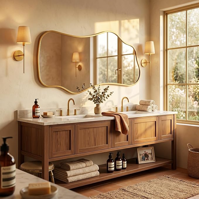 Bathroom Mirrors for Over Sink-Horizontal or Vertical Hanging 47.2"x21.6" Gold Asymmetrical Wavy Aluminum Frame Decorative Full Body Mirror for Living Room,Bedroom,Cloakroom,Entryway
