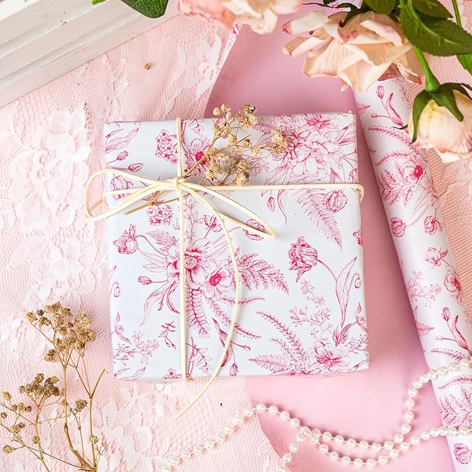 Yarcony Pink Floral Gift Wrapping Paper Roll, Bridal Shower Wrapping Paper, Vintage Toile Pink Floral Gift Wrap for Girl Birthday,Wedding, Mother's Day,Valentine's Day,Baby Shower (17 In X 16.5 Ft)