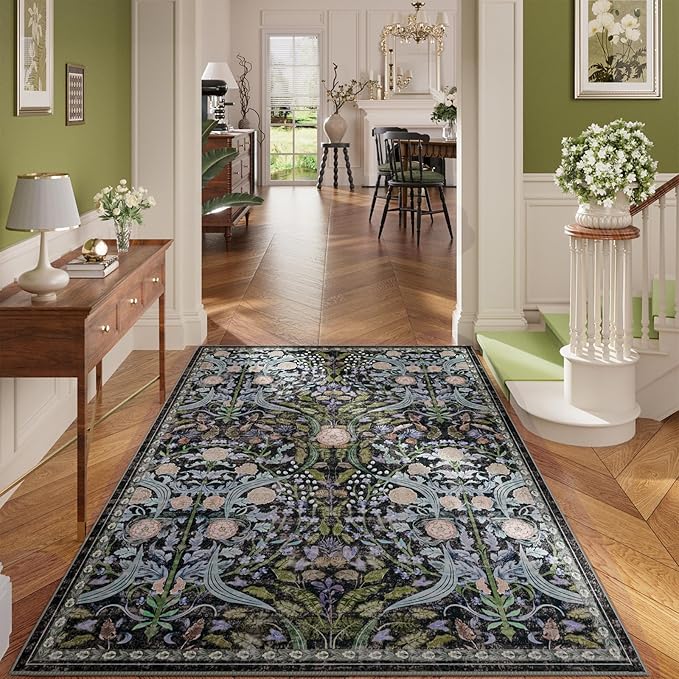 AMTOVO 5x7 Washable Area Rugs for Living Room, Vintage Boho Floral Distressed Print Non-Slip Carpet, Soft Colorful Accent Rug for Bedroom Dining Room Playroom Nursery Farmhouse Girls Room, Black
