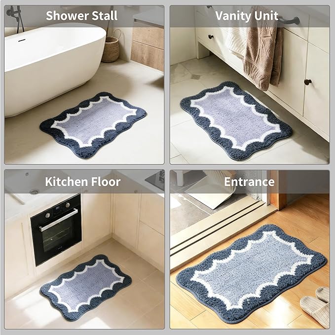 Scalloped Blue Small Bathroom Rugs Mat,Non Slip Absorbent Quick Dry Bath Mats for Shower Room,Plush Microfiber Bath Rug for Bathroom Floor Washable Carpet for Shower Tub Sink Bedroom,16"x24"