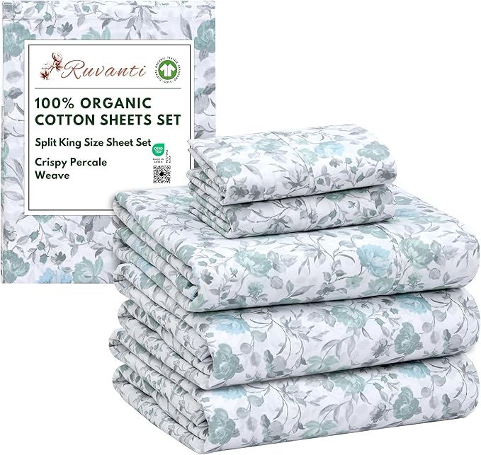 RUVANTI 100% Organic Cotton Sheets Split King, Percale Weave, GOTS Certified, 5-Piece Set, Deep Pocket 15", Crisp & Breathable, Soft Durable Bedding, Sábanas Algodón Orgánico – Cold Chrysanthemum