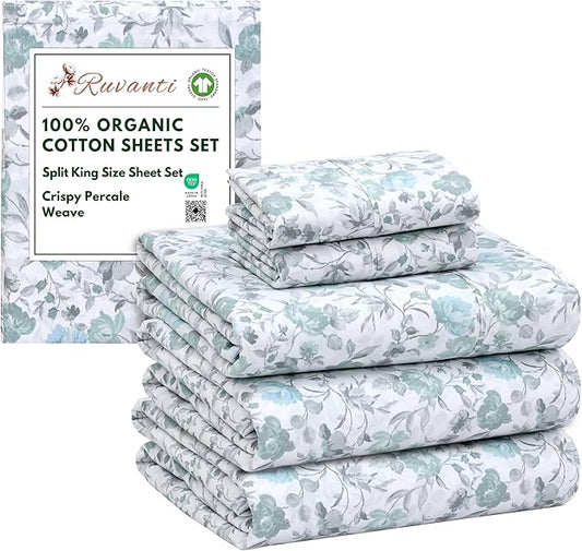 RUVANTI 100% Organic Cotton Sheets Split King, Percale Weave, GOTS Certified, 5-Piece Set, Deep Pocket 15", Crisp & Breathable, Soft Durable Bedding, Sábanas Algodón Orgánico – Cold Chrysanthemum