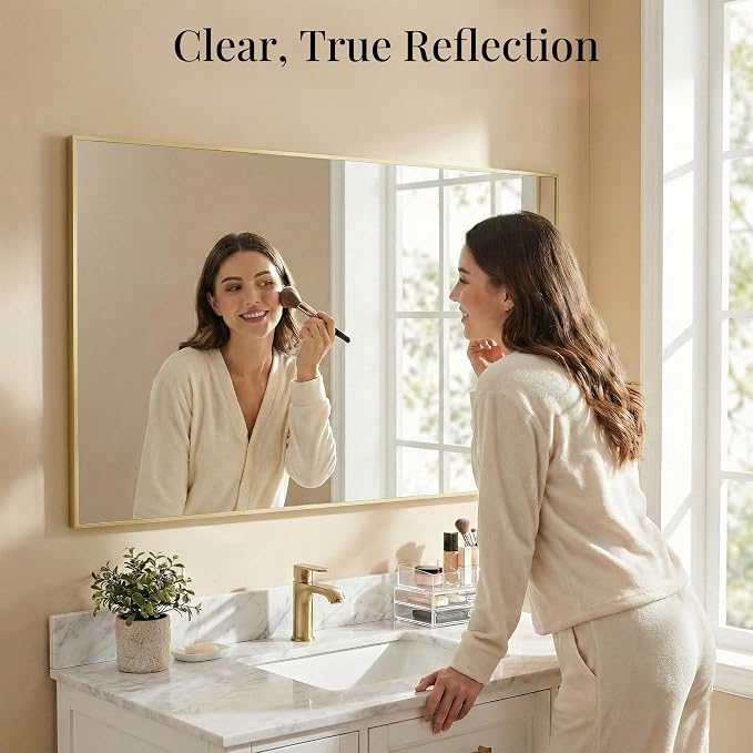 60"x30" Gold Landscape Bathroom Mirror for 60-72 inch Double Vanity, Shatterproof Tempered Glass, Narrow Metal Frame, Ultra-Flush