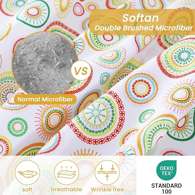 Softan Mandala Printed Full Sheet Set, 4-Piece Microfiber Fitted Sheet with 15" Deep Pockets & Non-Slip Straps, Geometric Patterned Double Bedding Sheets & Pillowcase Set