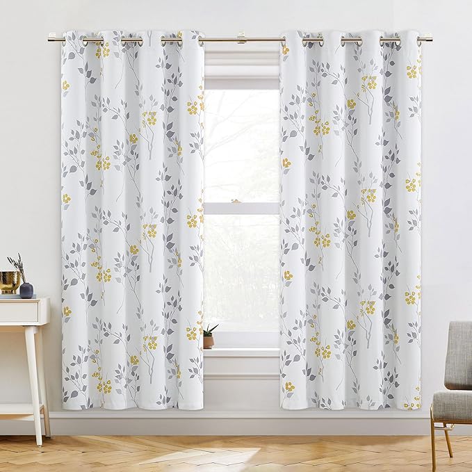Beauoop Floral 100% Blackout Curtains 72 Inches Long 2 Panels for Bedroom Living Room Yellow Grey and White Flower Patterned Room Darkening Thermal Soundproof Grommet Window Treatments Drapes, 52X72