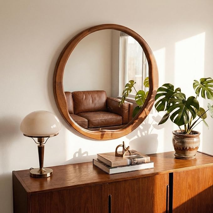 Walnut Round Wall Mirror 30 Inch, Large Solid Wood Framed Mirror with Wavy Inner Edge, Mid-Century Decor for Living Room, Dining Room & Entryway