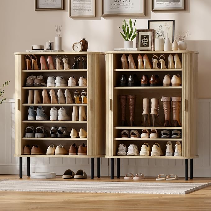ONBRILL 6-Tier Shoe Cabinet with Sliding Door, Wooden Shoe Storage Cabinet with Adjustable Shelves, Mid-Century Modern Freestanding Shoe Storage Organizer for Entryway, Hallway, Living Room, Oak