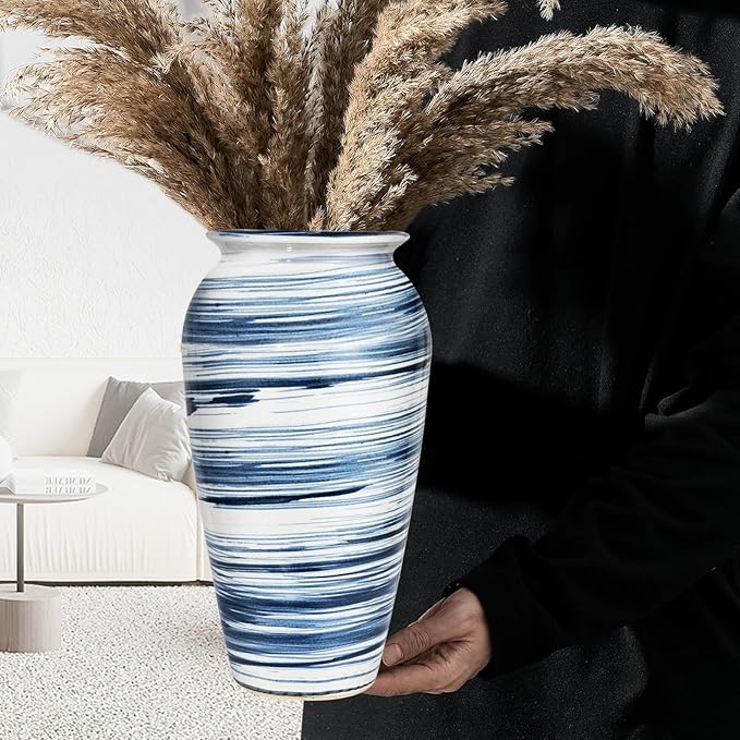 Decorative Ceramic Boho Floor Vase, 12 Inch Blue White Striped Tall Modern Flower Vase for Home Decor, Smooth Glaze Pottery Decor for Living Room,Entryway,Office,Shelf,Centerpieces Decor,Housewarming