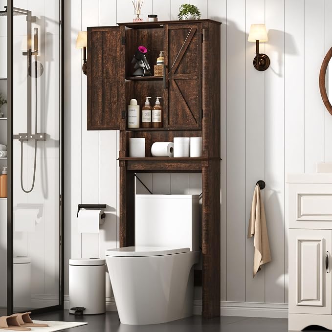 jiteentarou Farmhouse Bathroom Storage Cabinet,Over The Toilet Storage Cabinet with Roman Column Decor,Tall Over The Toilet Shelf with Barn Doors,Over Toilet Bathroom Organizer(Rustic Brown)