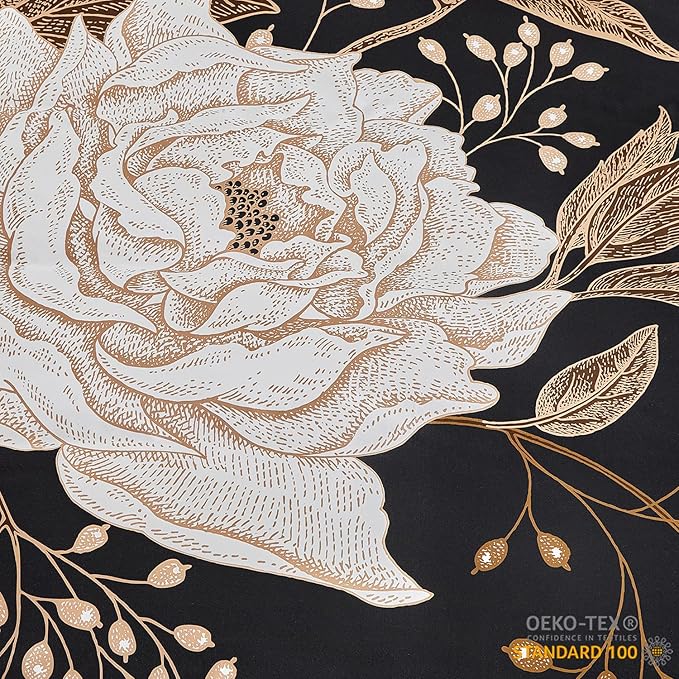 mixinni Floral Duvet Cover Queen Size, 3 Pieces White Flowers and Gold Leaves Printed on Black Bedding Set, Soft Premium Cotton Reversible Elegant Floral Duvet Cover Set for All Season-Queen Size