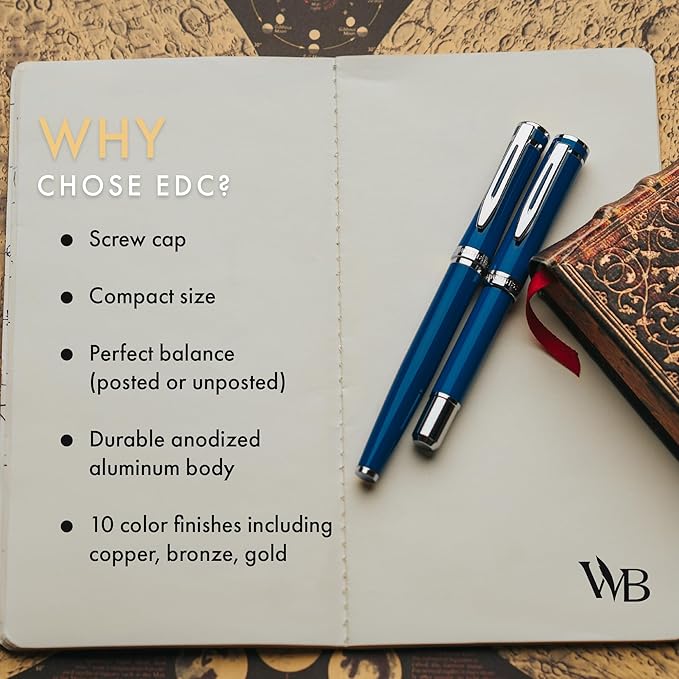 Wordsworth and Black Fountain Pen Mini EDC: Luxury Blue Heavy Pocket Pen, Chrome Finish, Medium Nib, 6 Ink Cartridges, Ink Converter, Travel Refillable Writing Pen Gift Set, Men & Women