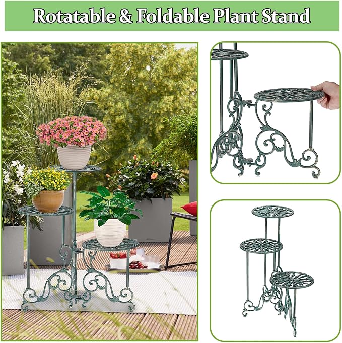 OwnMy 3 Tier Heavy Duty Cast Iron Plant Stand Foldable Wrought Iron Flower Pot Holder, Indoor Outdoor Tall Plant Stand Shelf for Garden Patio, Decorative Round Metal Plant Display Rack, Antique Green
