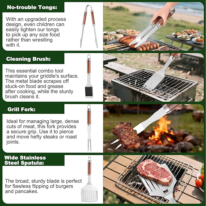 YJHOLE Grilling Accessories Set Large Spatula Fork Cleaning Brush Food Tongs Durable Stainless Steel BBQ Grill Tools with Extra Thick Storage Case BBQ Accessories Grill Set