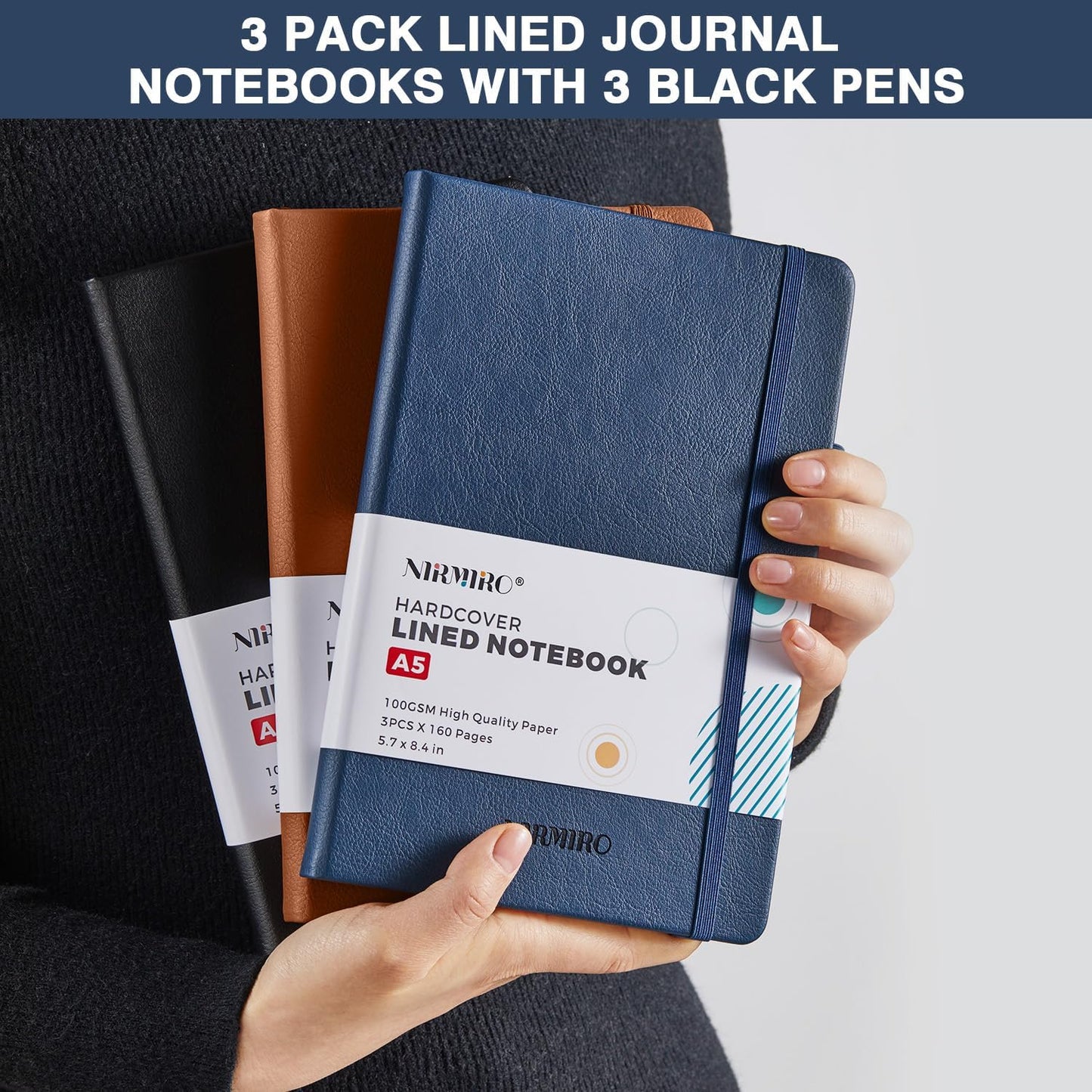 Skiennix Lined Journal Notebook - Leather Hardcover A5 (5.7"x8.4") | 3-Pack for Work & Travel
