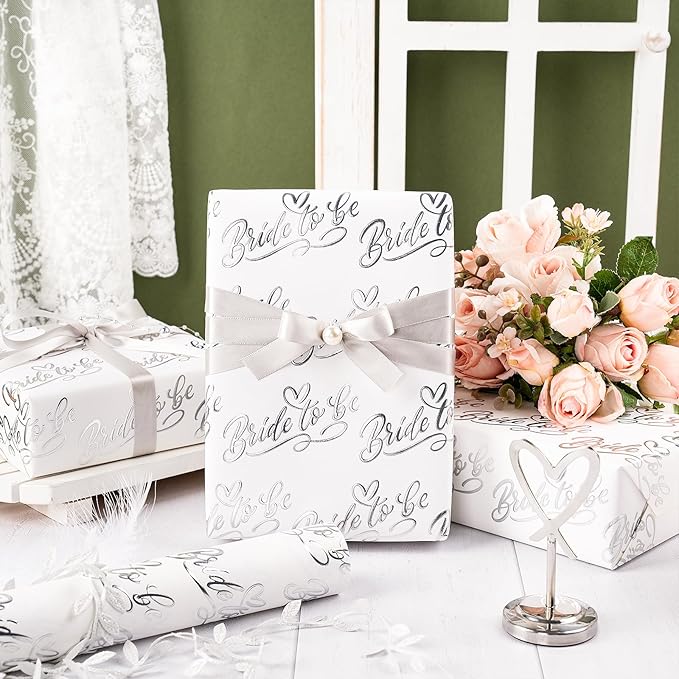 RUSPEPA Wedding Wrapping Paper Roll, Mini Roll, Elegant Bride to Be Text and Heart Design, Silver Foil Gift Wrap for Bridal Shower, Bachelorette Party, Wedding Celebration, 17 Inches x 16.4 Feet