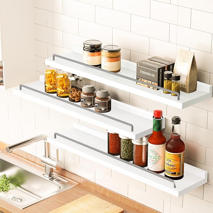 RYOFOBETTO 22 inches Long Floating Shelves, Bathroom Decor Shelves Over Toilet, Farmhouse Wall Shelves for Living Room, Bedroom, Picture Frames, Plants, Kitchen, Set of 3 (White and Grey)