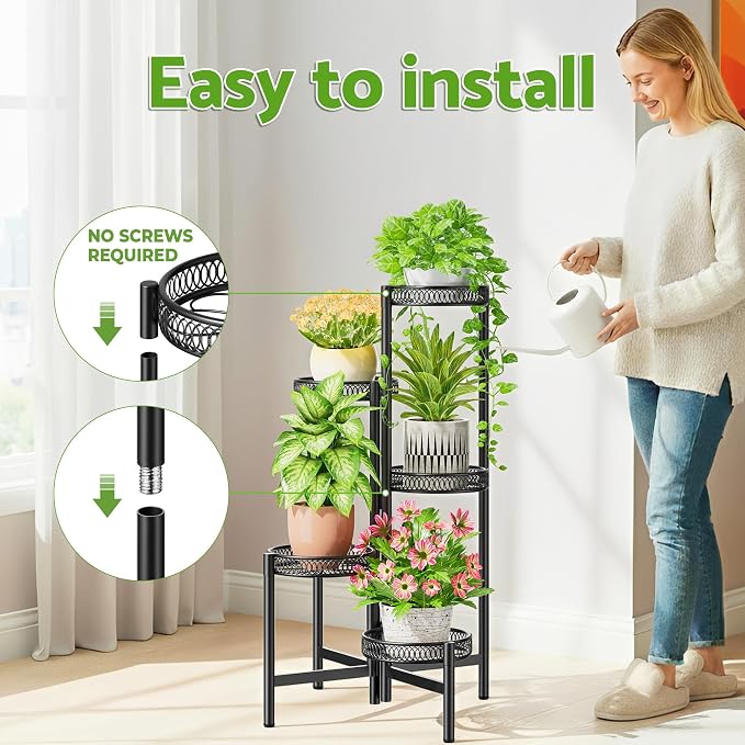 Plant Stand Indoor Outdoor, 5 Tier Corner Metal Flower Display Holder Stand, Folding Tall Plant Rack for Patio Balcony Porch Garden Living Room House, Heavy Duty Wrought Iron Plant Shelf - BlackFlower