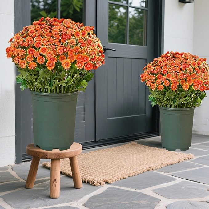 Artificial Mums, Artificial Sunset Mums, Artificial Outdoor Sunset Mum-s Flowers - UV Resistant, Waterproof, Windproof, Reflecting Autumn Vibe (Orange - 5 Bundle)