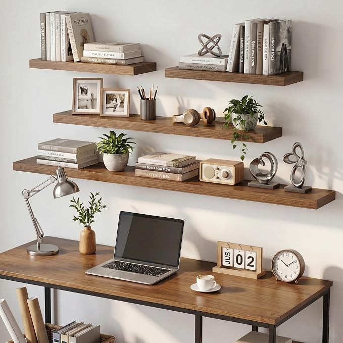 Dreamland 32inch Floating Shelves for Wall, Rustic Walnut Floating Shelves for Bathroom|Bedroom|Kitchen, Deep Wall Mounted Book Shelf, Wood Storage Display Shelf for Home Decor, Set of 2