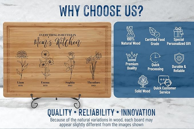 Personalized Birth Flower Cutting Board, Mom or Grandma, Custom Mom Gifts for Christmas, Mother’s Day, Birthday from Daughter, Son, Grandkids, Personalized Birth Month Flower Mothers Garden Gifts
