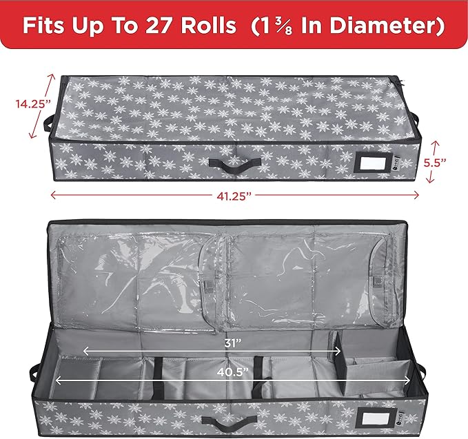 HOLDN’ STORAGE Premium Wrapping Paper Storage Container - Durable 600D Tear-Proof, Fits 27 Rolls Gift Wrap, Extra Pockets for Ribbons & Bows, Underbed Storage - Ideal for Holiday Christmas, Grey/White Snowflakes